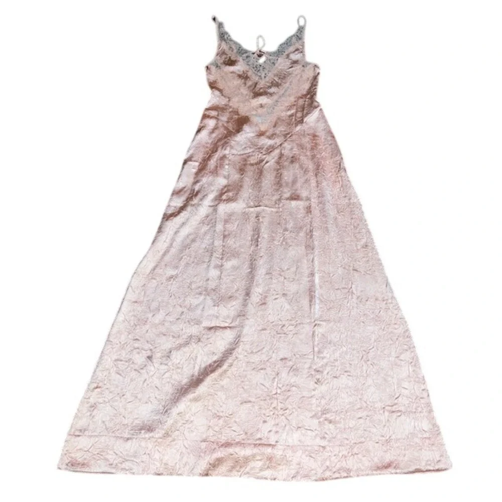 Free People Maybe Forever Maxi Dress Lace‎ Trim Crinkle Satin Peach 2